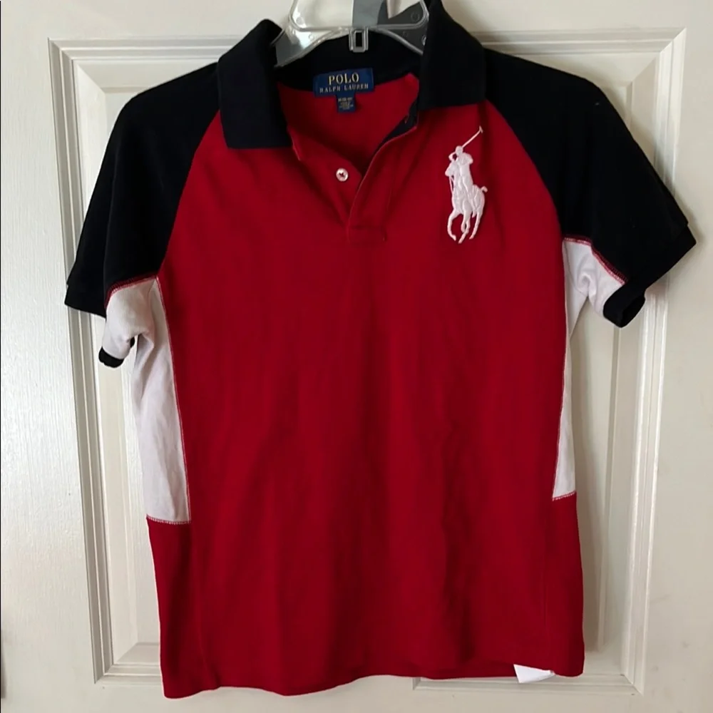 Polo Ralph Lauren red & blue polo shirt  Boys size 10-12  Number 2 in the back
